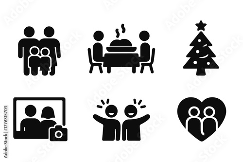 Family Traditions Icons. Family traditions. Filled icon set of family traditions: family group, shared meal,