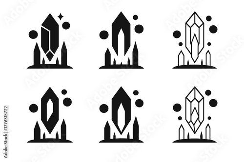 Mystical City Logos. A mystical city with towering spires and floating orbs of light. Set Logo of A mystical city with towering spires and floating orbs of