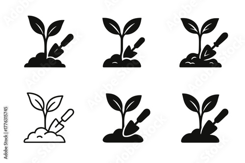 Habitat Logo Variations. Habitat restoration. Set Logo of Habitat restoration: sapling with trowel. harmonious logo variations of the same emblematic concept,