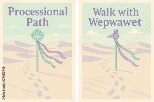 Desert Procession Banners. Desert Procession. Two vertical A6 banners with safe margins, centered composition, no elements touching edges, pastel, pastel mint