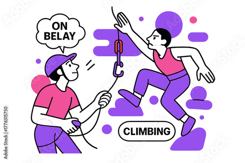 Dynamic Climbing Duo. Belay & Clip Under Pressure. Belayer feeds rope, device hums; above, a climber reaches past a quickdraw with laser focus. ?On belay /