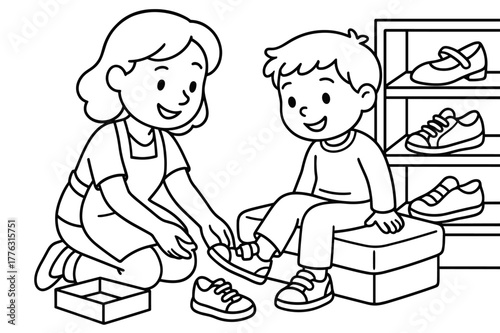 Shoe Fitting Coloring Book. Shoe fitting children?s coloring book illustration, outlined drawing, child trying