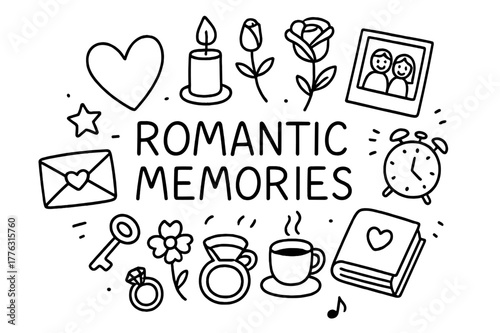 Romantic Doodle Icons. Romantic Memories. Hand-drawn doodle illustration of Romantic Memories. heart, candle,