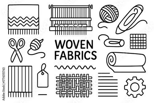 Woven Fabrics Icons. Woven fabrics. Hand-drawn doodle illustration woven fabrics loom, yarn, shuttle, warp threads, pattern grid, scissors, spool, stripe
