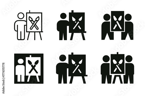 Collaborative Art Logos. Artists working together in a workshop. Set Logo of Artists working together in a workshop: shared easel with two brushes. Icon set.