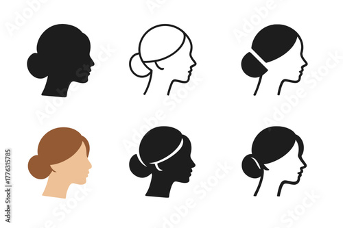 Low Chignon Logo Variations. Hairstyle step-by-step guide poster. Set Logo of hairstyle step-by-step guide poster: low chignon updo stages. Icon set.