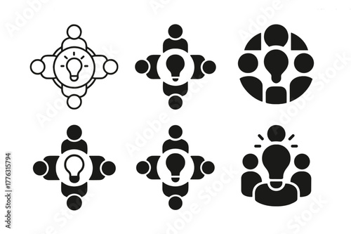 Creative Logo Icon Set. Marketing professionals brainstorming ideas. Set Logo of marketing professionals brainstorming ideas: roundtable with lightbulb