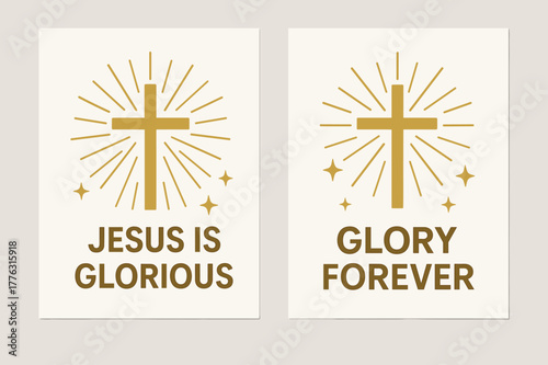 Radiant Cross Banners. Glory of Christ. Two vertical A6 banners with safe margins, centered composition, no elements touching edges, flat vector design, white