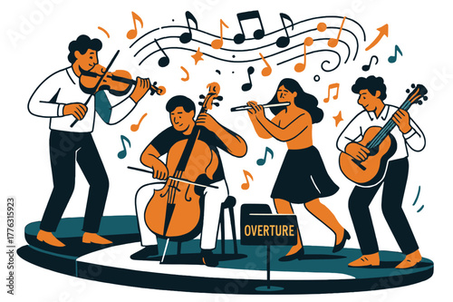 Musicians' Dynamic Overture. Amphitheater ? Live Musicians. A small ensemble tunes beside the stage; notes and rhythm dots coil upward. Label ?overture? glows