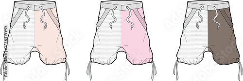 Detailed technical fashion illustration featuring a collection of comfortable split-color athletic shorts, presented in various two-tone designs perfect for casual wear and active lifestyles
