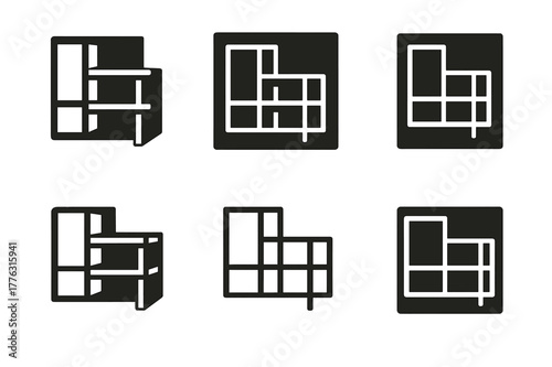 Customizable Storage Logos. Customizable home storage solutions. Icon set. Set Logo of customizable home storage solutions: wall-mounted shelving system.