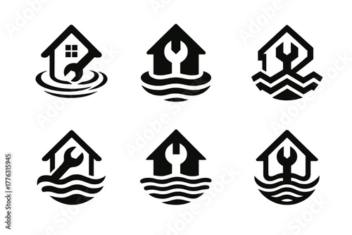 Flood Repair Logos. Dealing with home flooding and water damage. Set Logo of dealing with home flooding and water damage: repair wrench intersecting a water