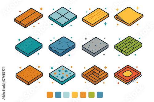 Colorful Flooring Icons. Floor types. Colorful isometric vector icons set of Floor types: hardwood plank, tile square, laminate board, vinyl sheet, carpet