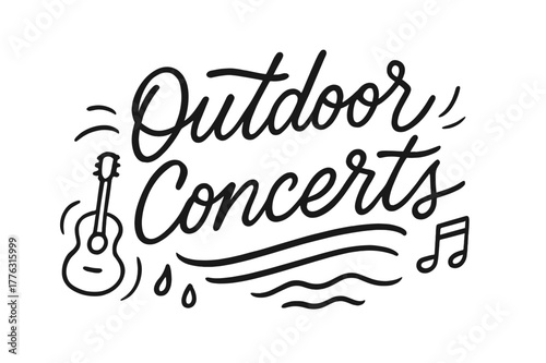 Outdoor Concert Vibes. Outdoor Concerts ? brush script hand-lettering with fluid semi-cursive strokes, thin connectors, fast brush accents; composition: