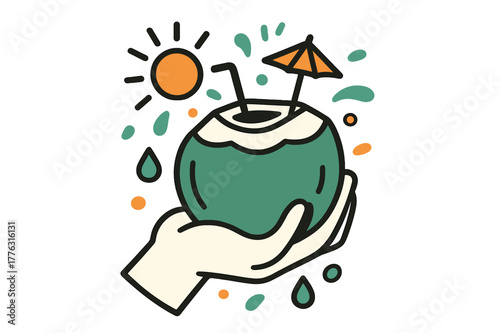 Tropical Coconut Delight. Tropical refreshment. A hand holding a green coconut with a straw and small umbrella
