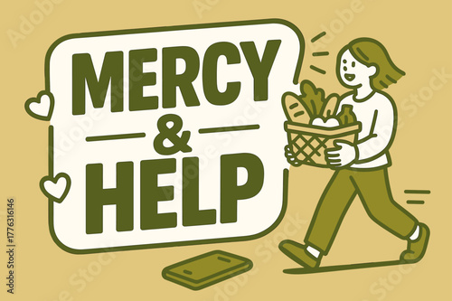 Mercy and Help. Mercy and Help banner, flat vector illustration, bold oversized text inside sticker outline banner, cartoon characters walking and holding a