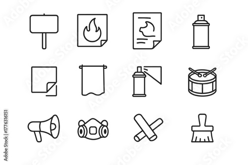 Protest Art Icons. Protest art. Line icon set of protest art: placard, stencil, wheatpaste poster, spray can, sticker, banner drop, projection mapping, drum,