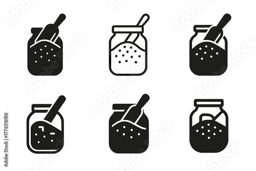 Cold Brew Logos. Cold brew setup. Set Logo of Cold brew setup: coffee grounds jar with scoop. Icon set. harmonious logo variations of the same emblematic