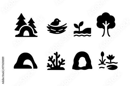 Animal Habitat Icons. Animal habitats. Filled icon set of animal habitats: forest den, bird nest, riverbank,