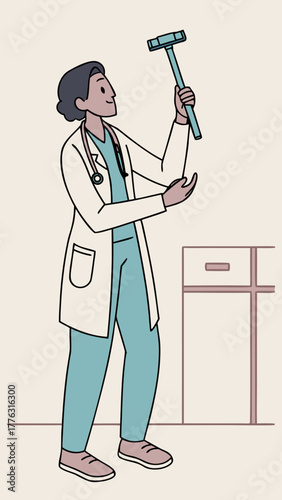 Doctor holding reflex hammer in medical office wearing scrubs  