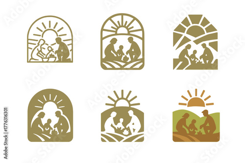 Family Harvest Emblems. A family picking fresh vegetables from their garden in the countryside. Set Logo of a family picking fresh vegetables from their garden