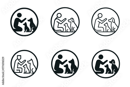 Pet Training Logos. Pet training and obedience classes. Set Logo of Pet training and obedience classes: group class circle with trainer and pets. Icon set.