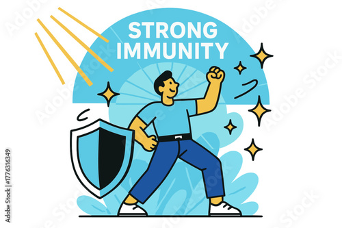 Immune System Glow. Immune System Support. Sunlight beams strike a figure surrounded by shield and sparkle icons. ?Strong Immunity? glows above