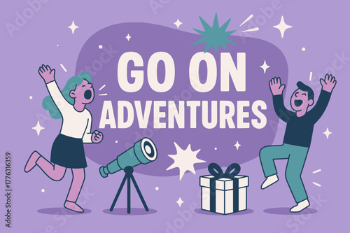 Adventurous Celebration Scene. Go on adventures banner, flat vector illustration, bold oversized text inside rounded blob, cartoon characters shouting and