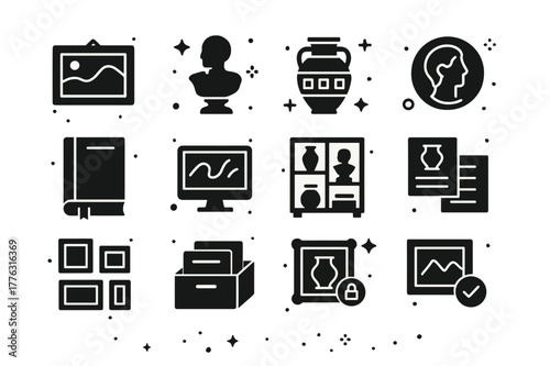 Art Collection Icons. Art collections. Solid icons set of art collections: framed painting, sculpture bust, artifact vase, antique coin, rare book, digital