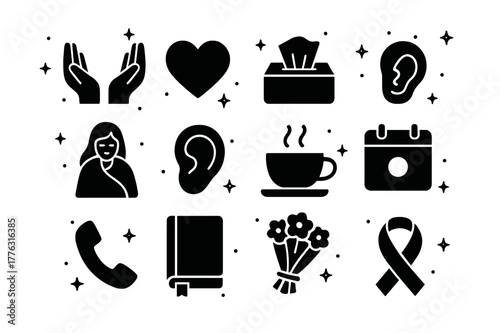 Grief Support Icons. Helping a friend or family member through grief. Solid icons set of Helping a friend or family member through grief: support hands, heart,