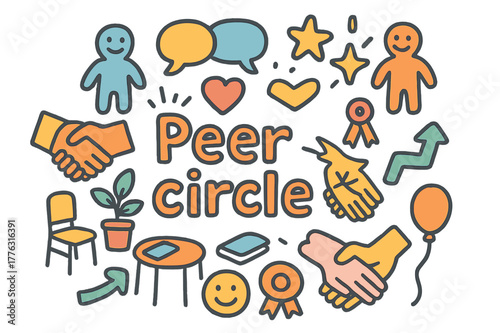 Colorful Peer Circle Illustration. Peer circle. Hand-drawn doodle illustration of peer circle. People,