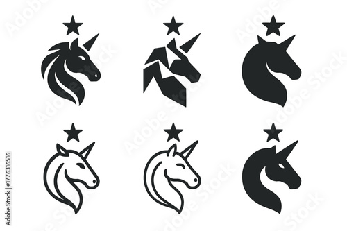 Creative Unicorn Logos. Startups and innovation. Set Logo of startups and innovation: unicorn head crowned by a star. Icon set. harmonious logo variations of