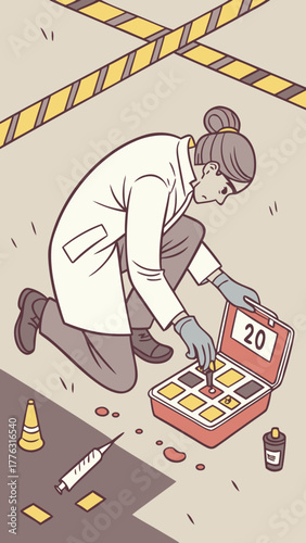 Forensic technician collecting evidence in crime scene with tools  