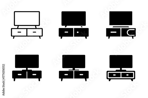 TV Stand Logos. A TV stand with storage for electronics and media. Set Logo of A TV stand with storage for electronics and media: low-profile TV console with