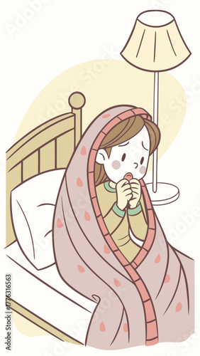 Young girl sitting under blanket and looking unwell in bedroom  