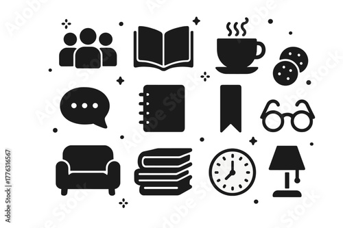 Book Club Icons. Book Club Reading. Solid icons set of Book Club Reading: group of people, open books, coffee cup, cookies, speech bubble, notebook, bookmark,