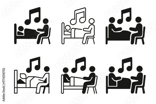 Music Therapy Logos. Music therapy for health. Set Logo of music therapy for health: hospital bedside music session. Icon set. harmonious logo variations of