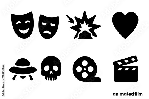 Movie Genre Icons. Movie genres. Filled icon set of movie genres: comedy mask, drama mask, action explosion,