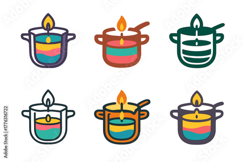 Candle Logo Variations. Candle making with unique scents and colors. Set Logo of Candle making: melting wax pot. Icon set. harmonious logo variations of the