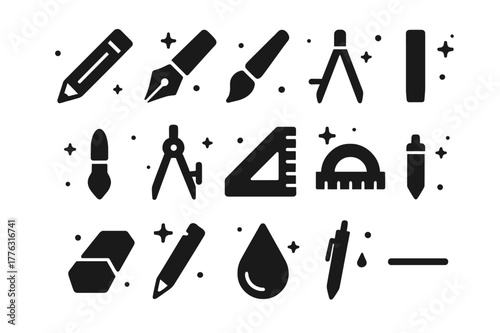 Drawing Tools Icons. Drawing Tools. Solid icons set of Drawing Tools: pencil, pen nib, brush tip, charcoal stick, blending stump, compass, ruler, protractor,