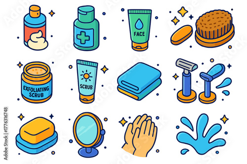 Men's Skincare Icons. Men?s skincare hygiene. Colorful isometric vector icons set of Men?s skincare hygiene: shaving cream, aftershave balm, face cleanser,