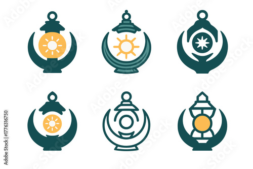 Mystical City Emblem. A mystical city with towering spires and floating orbs of light. Set Logo of A mystical city with towering spires and floating orbs of
