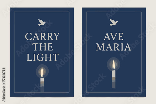 Candlelight Banner Duo. Candlelight Procession. Two vertical A6 banners with safe margins, centered composition, no elements touching edges, minimal, indigo