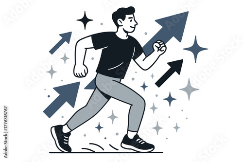 Dynamic Jogging Motivation. Workout motivation. Person jogging outdoors with abstract floating arrows, stars, and sparkles; emphasizes endurance, energy, and