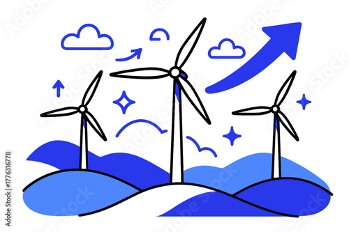 Wind-Powered Scenic Hills. Rolling hills. Wind turbines on rolling hills with abstract floating arrows, clouds, and sparkles; conveys renewable energy,