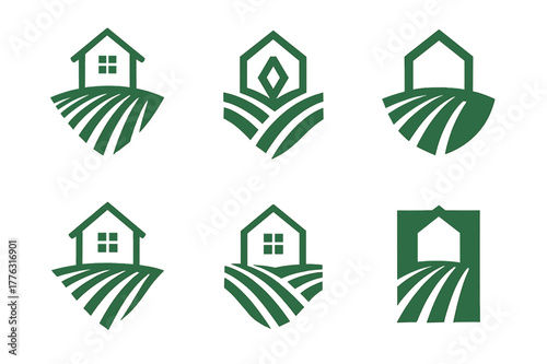 Creative Landscaping Logos. Property landscaping and curb appeal. Set Logo of property landscaping and curb appeal: manicured lawn with crisp mowing stripes.