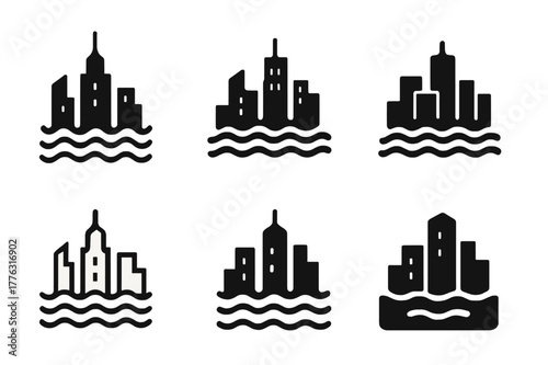 Flooded Skyline Logos. Climate change effects. Set Logo of Climate change effects: flooded city skyline with rising water. Icon set. harmonious logo variations