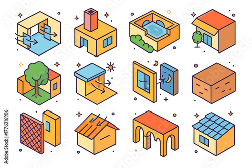 Colorful Passive Cooling Icons. Passive cooling strategies. Colorful isometric vector icons set of Passive cooling strategies: cross breeze corridor, stack