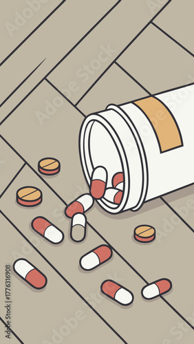Pills spilled from bottle on wooden floor  