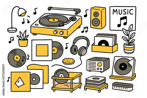 Retro Music Collection. Analog music. Hand-drawn doodle illustration record player (colored), vinyl records (colored), turntable (colored), speaker (colored),